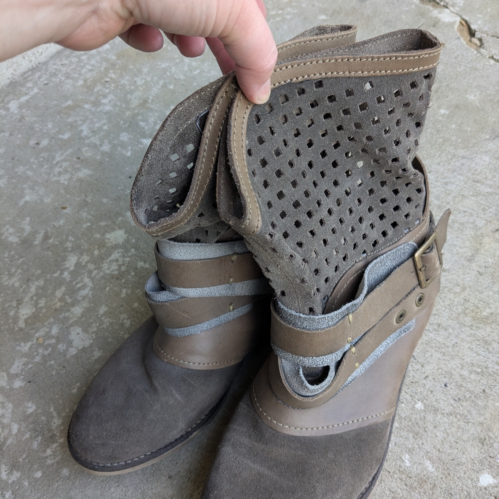 Gray and Tan leather Ankle Boots with Perforated Design